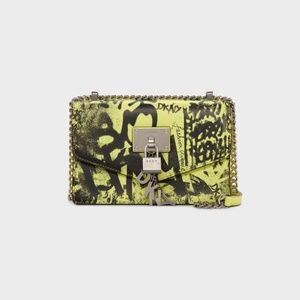 DKNY Elissa Graffiti Logo Leather Charm Crossbody in Citron/sliver